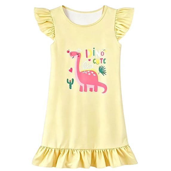 WOYY Girls Nightgown Cute Dinosaur Ruffle Sleeve Sleep Dress Soft Nightdress, Sizes 3-10
