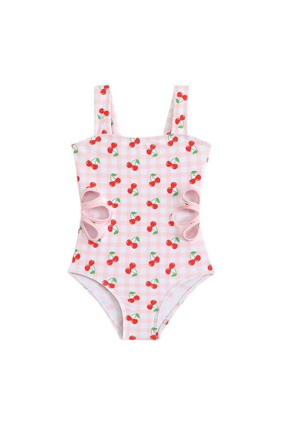 Girls One-Piece Swimsuit Cute Cherry Print Flower Cut Out Bathing Suit, Sizes 5-6