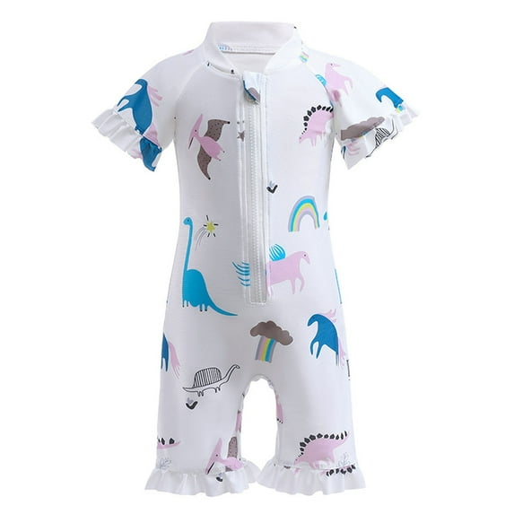 WOYY Girls One-Piece Swimsuit Short Sleeved Zipper Rash Guard Swimwear Onesie, Sizes 2-10