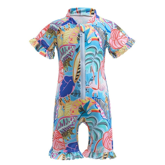 WOYY Girls One-Piece Swimsuit Short Sleeved Zipper Rash Guard Swimwear Onesie, Sizes 2-10