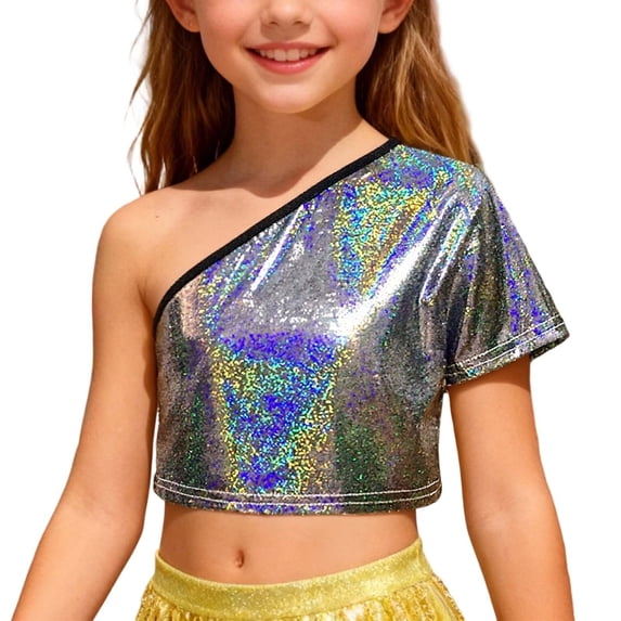 WOYY Girls One Shoulder Metallic T-Shirt Stage Dance Party Short Sleeve T Shirt, Sizes 2-3