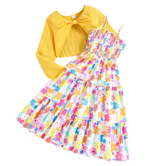 WOYY Girls Outfits 2 Piece Floral Print Sleeveless Dress with Long Sleeve Cardigan Fashion Kids Clothes, Sizes 7-12