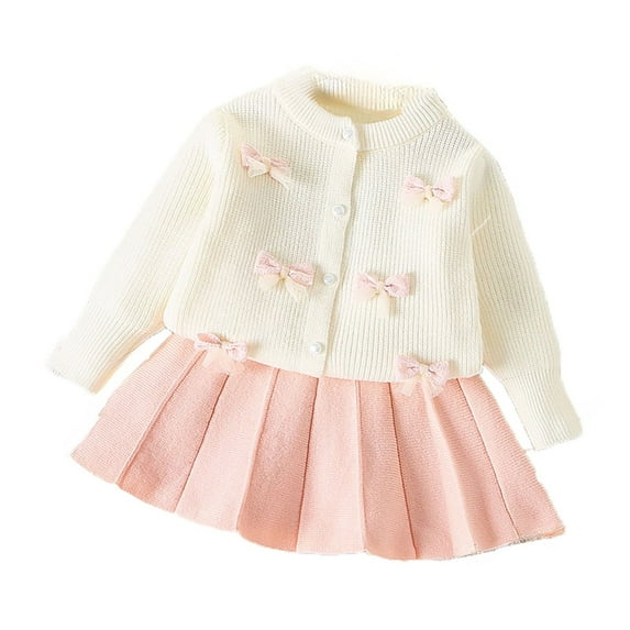 WOYY Girls' Outfits Bow Knitted Cardigan Sweater & Pleated Skirt Set