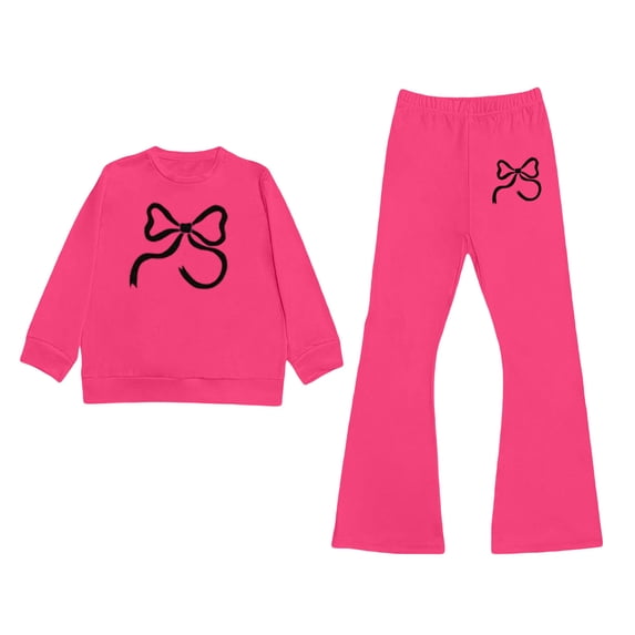 WOYY Girls Outfits Bow Print Sweatshirt and Flare Pants Sweatsuit Fashion Kids Clothes, Sizes 3-10