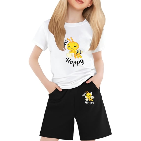 WOYY Girls Outfits Cartoon Bee Print Short Sleeve T Shirt Shorts Set, Sizes 2-13
