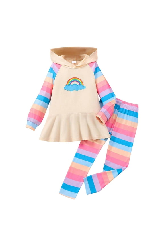 Girls Outfits Casual Cotton Rainbow Striped Hoodie Dress Pants 2Pcs Set, Sizes 4-5