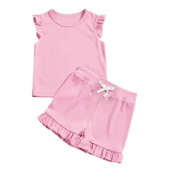 WOYY Girls Outfits Cotton Ribbed Flutter Sleeve T-Shirt Shorts Set, Sizes 1-2