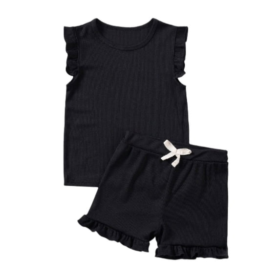 WOYY Girls Outfits Cotton Ribbed Flutter Sleeve T-Shirt Shorts Set, Sizes 2-3