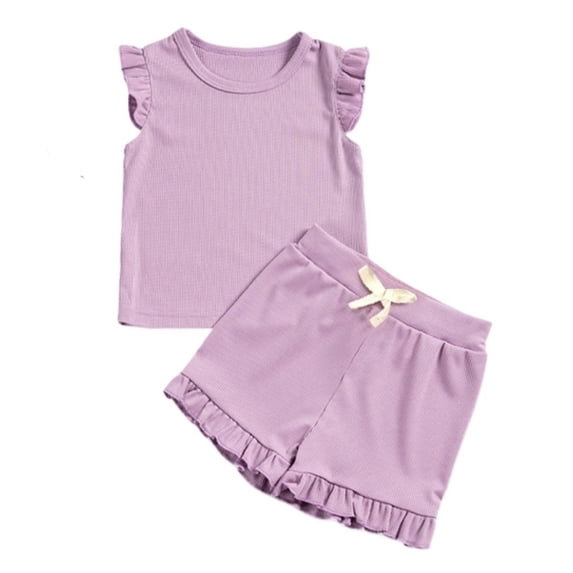 WOYY Girls Outfits Cotton Ribbed Flutter Sleeve T-Shirt Shorts Set, Sizes 2-3