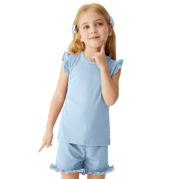 WOYY Girls Outfits Cotton Ribbed Flutter Sleeve T-Shirt Shorts Set, Sizes 2-3