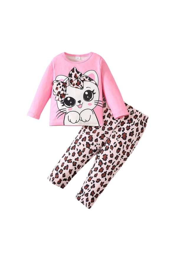 Girls Outfits Cute Cat Print Long Sleeve T-Shirt Leopard Pants Set, Sizes 4-5