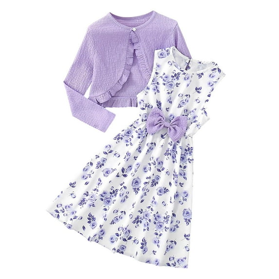 WOYY Girls Outfits Floral Bow Sleeveless Dress with Cardigan Coat, Sizes 9-10