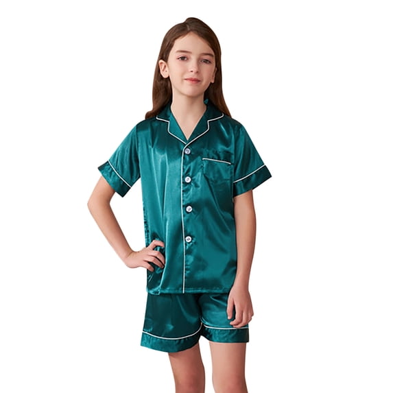 WOYY Girls Outfits Satin Button Down Short Sleeve Shirt Shorts Unisex Sleepwear, Sizes 7-8