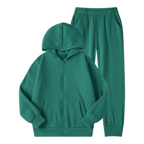 WOYY Girls Outfits Solid Color Fleece Lined Zip Up Hoodie Pants Set for Kids, Sizes 9-10
