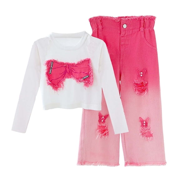 WOYY Girls Outfits Trendy Bow Long Sleeve T-Shirt Ripped Jeans Set, Sizes 9-10