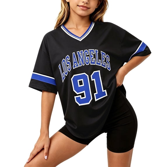 WOYY Girls Oversized T-Shirt Casual Athletic V Neck Short Sleeve Tshirt Tee, Black2, Sizes 3-16