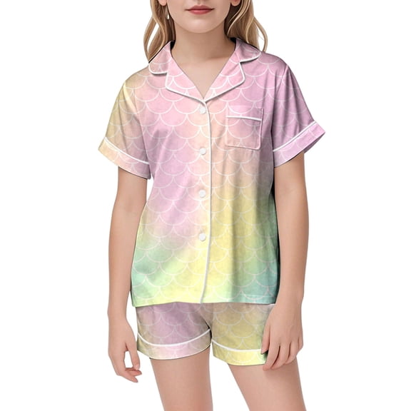 WOYY Girls Pajama Set Gradient Scales Print Short Sleeve Top Shorts Sleepwear, Sizes 10-11