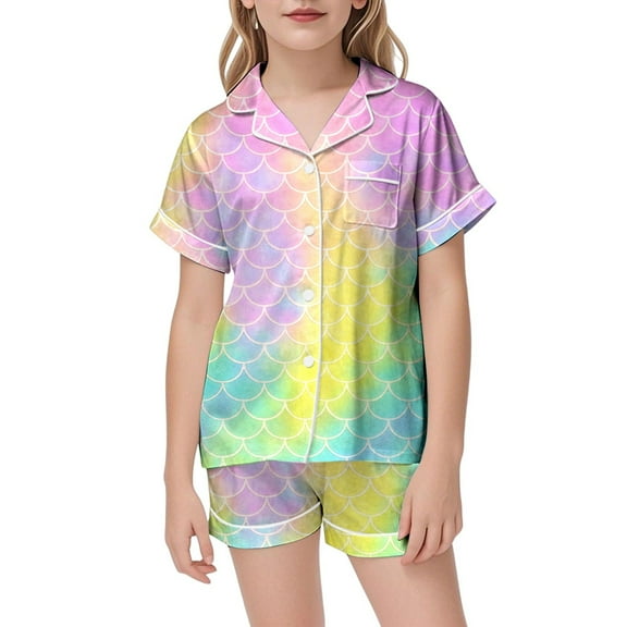 WOYY Girls Pajama Set Gradient Scales Print Short Sleeve Top Shorts Sleepwear, Sizes 8-9
