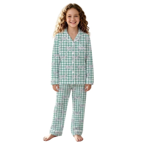 WOYY Girls Pajama Set Green Gingham Bow Print Long Sleeve Top Pants Sleepwear, Sizes 3-14