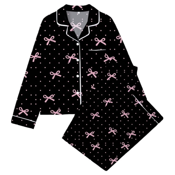 WOYY Girls Pajama Sets Bow Print Long Sleeve Button Down Shirt Pants Sleepwear, Sizes 3-14