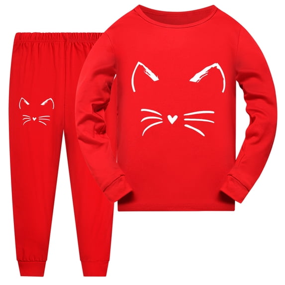 WOYY Girls Pajama Sets Cute Cat Print Long Sleeve Top Pants PJs Loungewear Set, Sizes 2-10