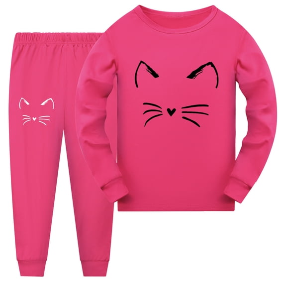 WOYY Girls Pajama Sets Cute Cat Print Long Sleeve Top Pants PJs Loungewear Set, Sizes 2-10