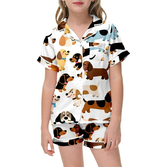 WOYY Girls Pajamas Cartoon Dog Short Sleeves Button Shirt Shorts Homewear Set, Sizes 1-13