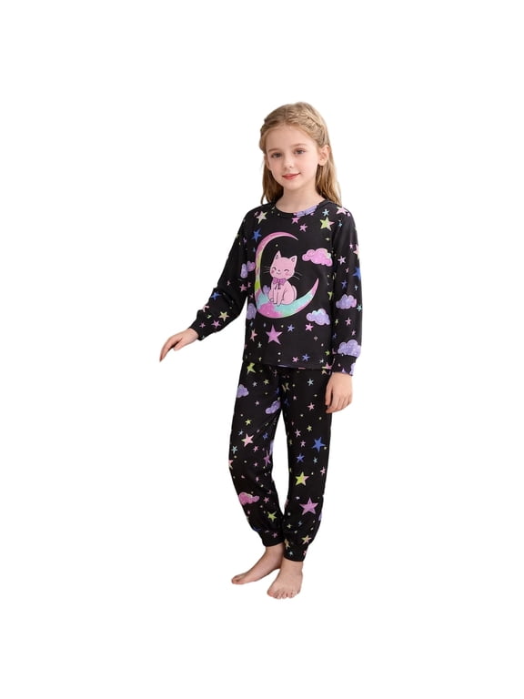Girls Pajamas Cute Cartoon Cat Long Sleeve Top Pants Sleepwear Nightwear, Sizes 2-10