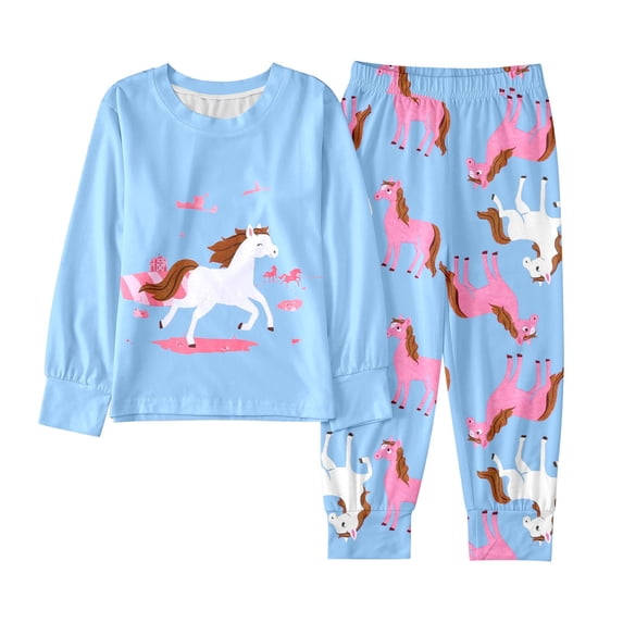 WOYY Girls Pajamas Horse Print Long Sleeve Top Pants Sleepwear PJs for Kids, Sizes 2-10