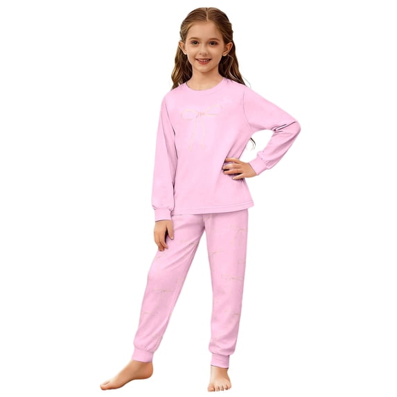 WOYY Girls Pajamas Long Sleeve Bow Graphic Tee Sleep Pants Comfy Loungewear, Sizes 3-14