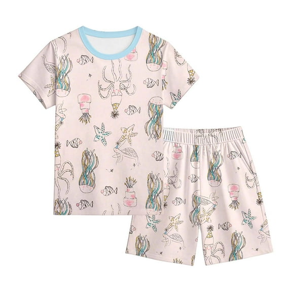 WOYY Girls Pajamas Marine Animal Short Sleeve T Shirt Shorts Sleepwear Set, Sizes 1-13