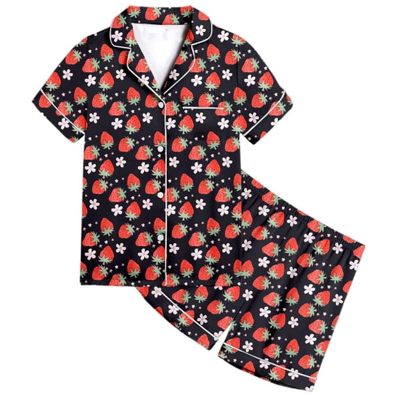 WOYY Girls Pajamas Strawberry Pattern Short Sleeve Button Down Shirt Shorts PJ, Sizes 2-13
