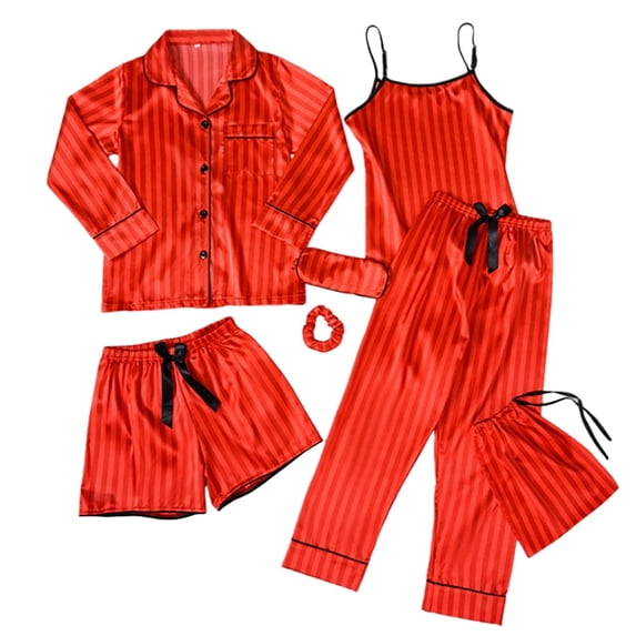 WOYY Girls Polka Dot Pajama Set Silk Satin Loungewear Homewear 7Pcs Set Nightwear