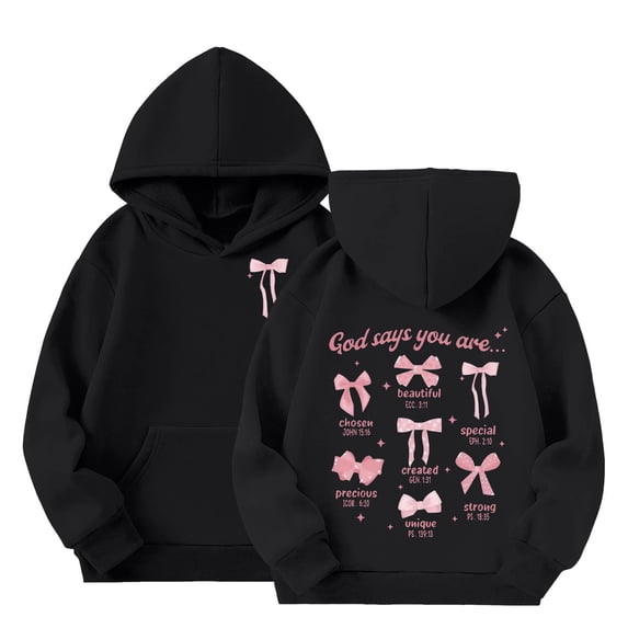 WOYY Girls Preppy Hoodies Cute Bow Graphic Loose Hooded Pullover Sweatshirts, Black, Sizes 3-12