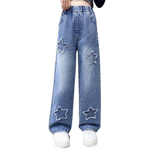 WOYY Girls Pull On Jeans Star Embroidery High Rise Straight Leg Denim Pants, Sizes 5-14
