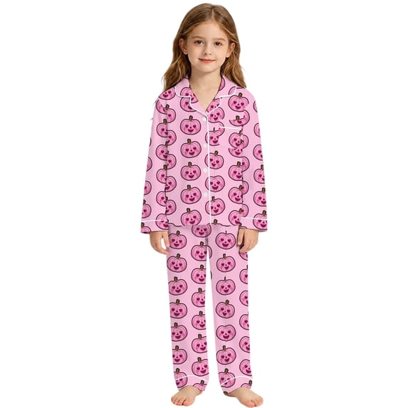 WOYY Girls Pumpkin Halloween Pajamas Button Down Long Sleeve Top Pants Sleepwear, Sizes 3-14