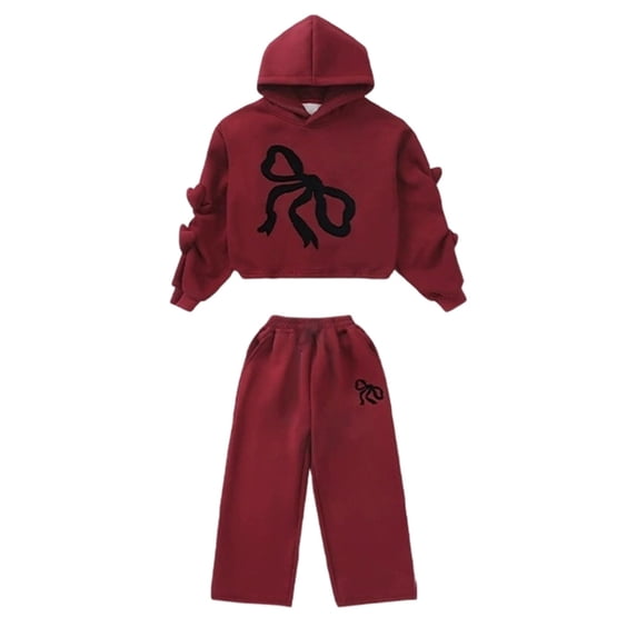 WOYY Girls Red Bow Hoodie Wide Leg Sweatpants Outfits Casual Tracksuit Fashion Kids Clothes, Sizes 5-16
