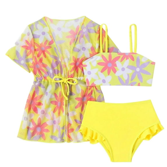 WOYY Girls Ruffle Bikini Set with Cover Up 3-Piece Swimsuit Bathing Suits, Sizes 2-3