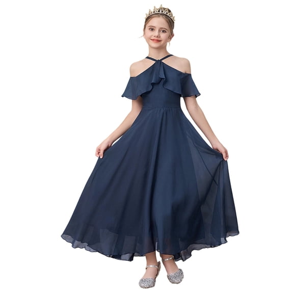 WOYY Girls Ruffle Halter Dress Birthday Party Chiffon Long Dress Pageant Gown, Navy, Sizes 7-12