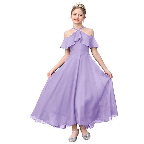 WOYY Girls Ruffle Halter Dress Birthday Party Chiffon Long Dress Pageant Gown, Purple, Sizes 7-12