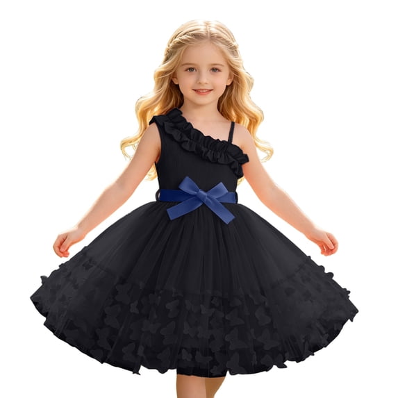 WOYY Girls Ruffles One Shoulder Tulle Dress 3D Butterfly Spaghetti Strap Dress, Blue, Sizes 3-10