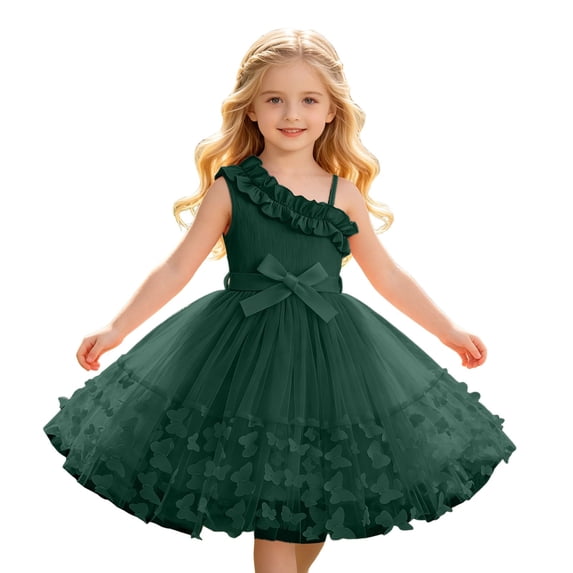 WOYY Girls Ruffles One Shoulder Tulle Dress 3D Butterfly Spaghetti Strap Dress, Green, Sizes 3-10