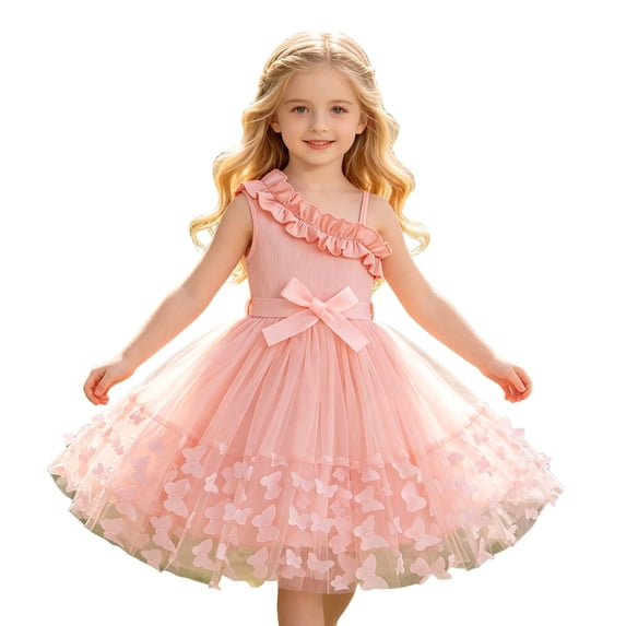 WOYY Girls Ruffles One Shoulder Tulle Dress 3D Butterfly Spaghetti Strap Dress, Pink, Sizes 3-10