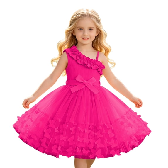 WOYY Girls Ruffles One Shoulder Tulle Dress 3D Butterfly Spaghetti Strap Dress, Sizes 3-10