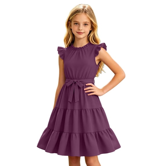 WOYY Girls Ruffles Sleeveless Tiered Dress Casual Party A-Line Midi Sundress, Sizes 5-14