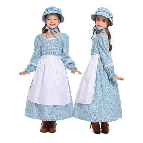 WOYY Girls Rural Style Floral Long Dress with Long Sleeves & Apron & Hat Set