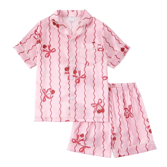 WOYY Girls Satin Floral Sleepwear Short Sleeve Button Front Top with Shorts Kids Clothing Sets, Sizes 6-7