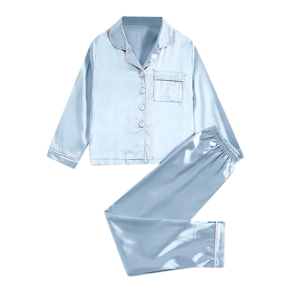 WOYY Girls Satin Loungewear Set Solid Color Button Down Long Sleeve Top Pants Sleepwear Set, Sizes 9-10