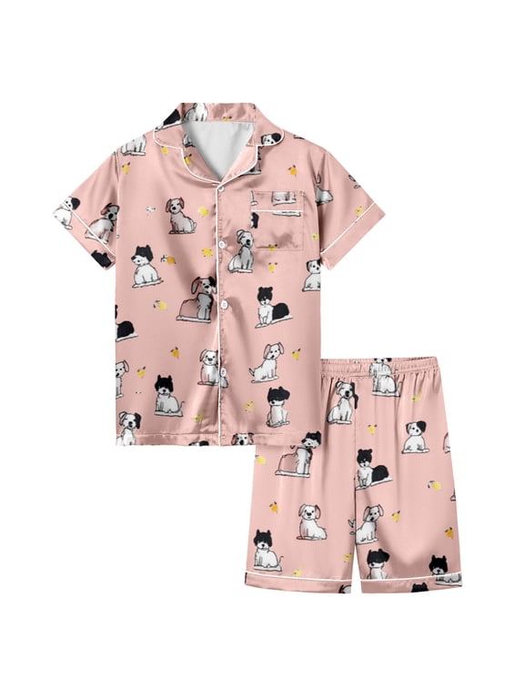 Girls Satin Silk Pajamas Cute Animal Short Sleeved Top Shorts Sleepwear, Sizes 2-13