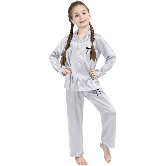 WOYY Girls Satin Sleepwear Long Sleeve Button Down Shirt Pants Outfits Loungewear, Sizes 3-14